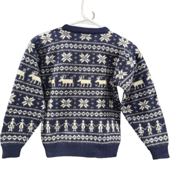 VTG Navy & White Snowflake Moose “People of the World” Boys Sweater | Wool | M/L - Picture 2 of 11